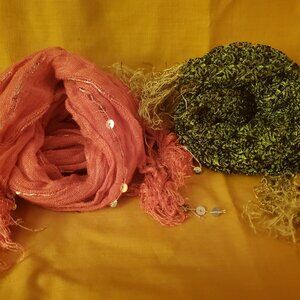 Pair of Fashion Scarves Coral Pink and Shimmering Chartreuse Green and Black